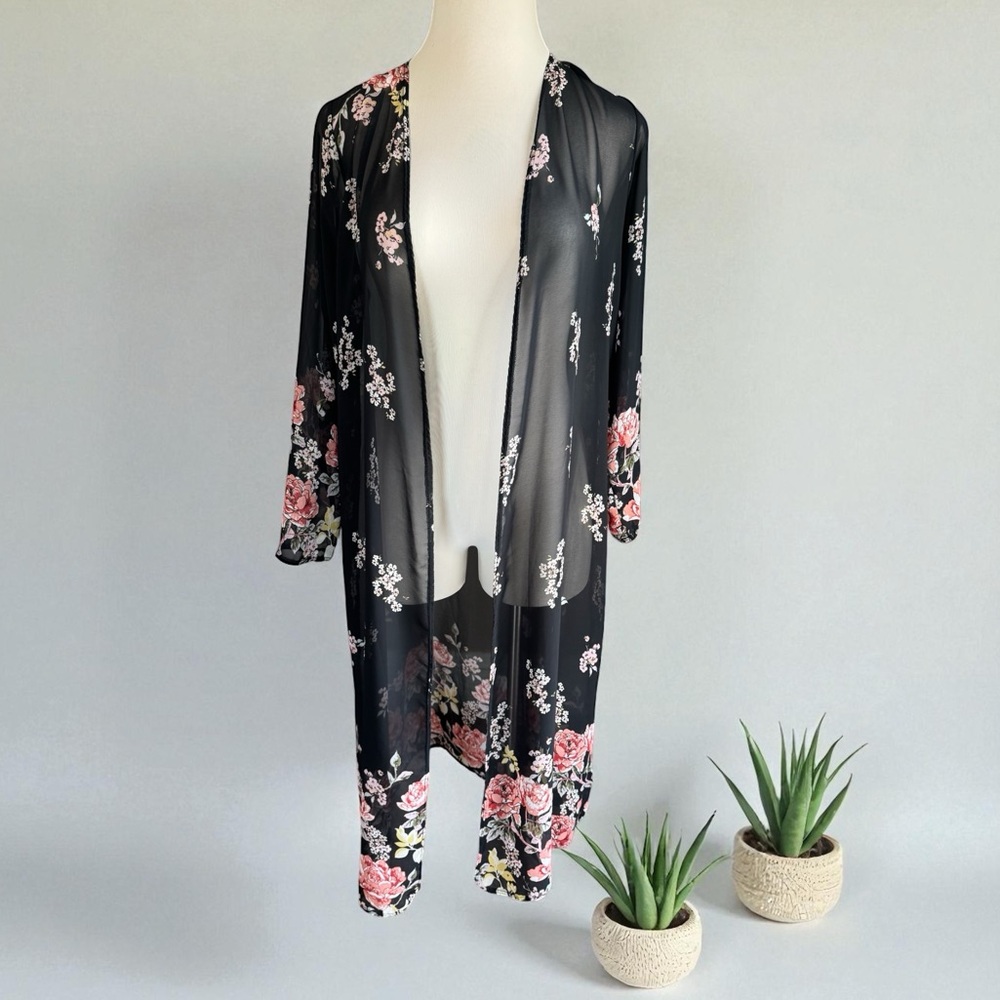 Long Floral Black Sheer Kimono